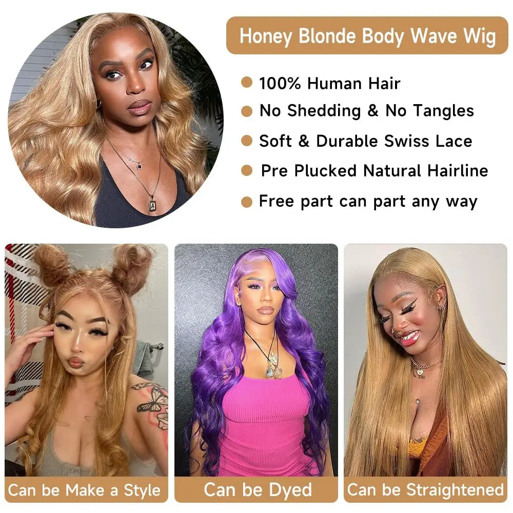 Ldjoy Honey Blonde Lace Front Wig Human Hair Body Wave 13x4 Lace Frontal Human Hair Wigs Pre Plucked with Baby Hair 27