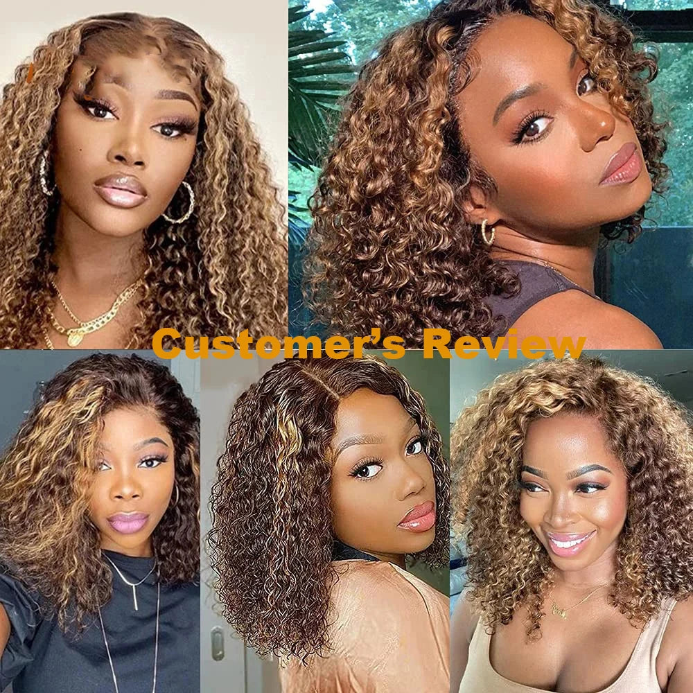 Ldjoy Highlight Bob Wig Honey Blonde 13x4 Transparent Lace Front Wig Short Curly Bob Wigs P4/27 Color Human Hair Pre Plucked With Baby Hair
