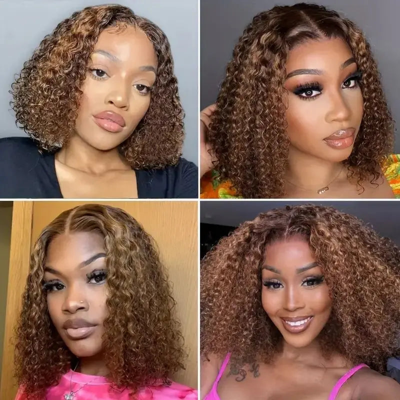 Ldjoy Highlight Bob Wig Honey Blonde 13x4 Transparent Lace Front Wig Short Curly Bob Wigs P4/27 Color Human Hair Pre Plucked With Baby Hair