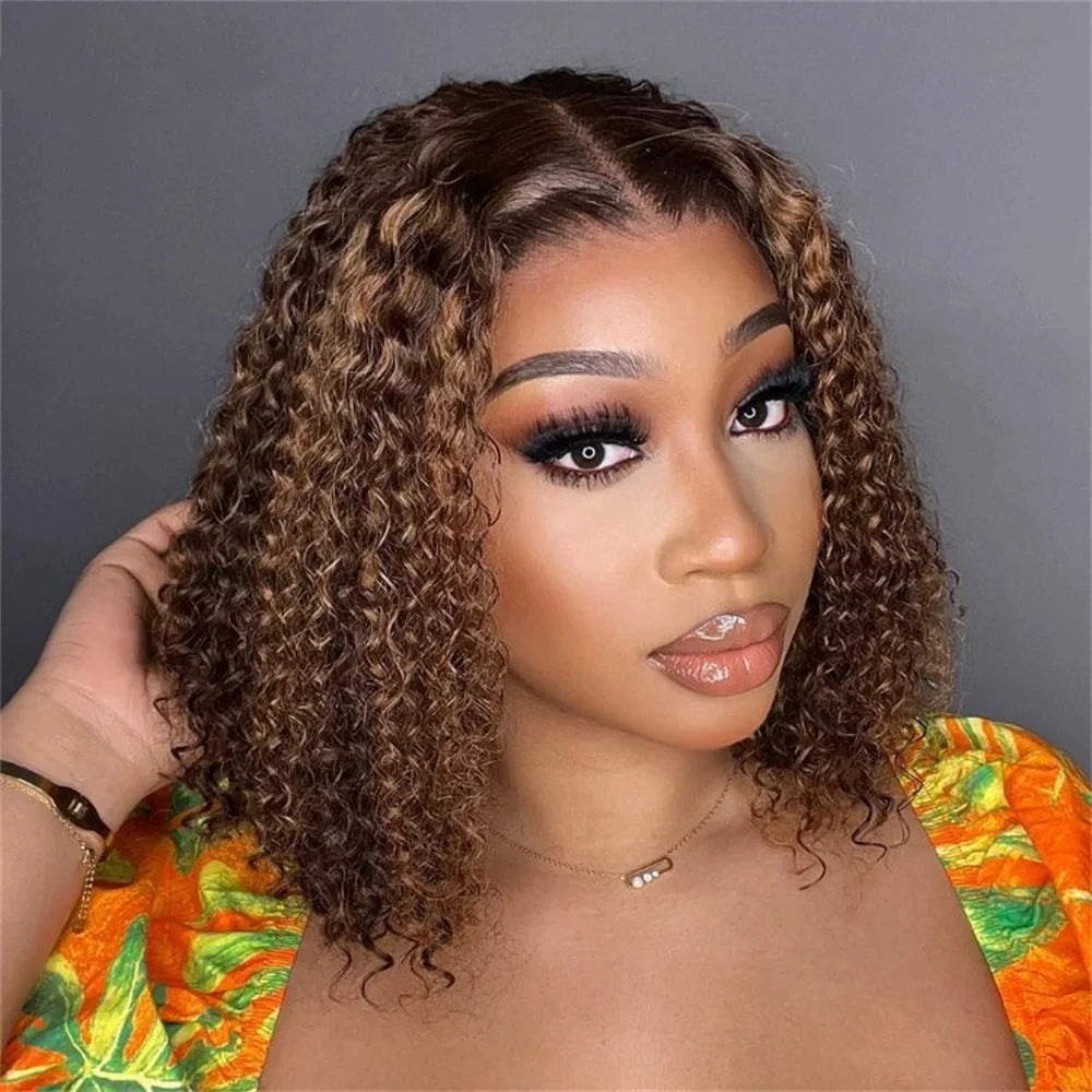 Ldjoy Highlight Bob Wig Honey Blonde 13x4 Transparent Lace Front Wig Short Curly Bob Wigs P4/27 Color Human Hair Pre Plucked With Baby Hair