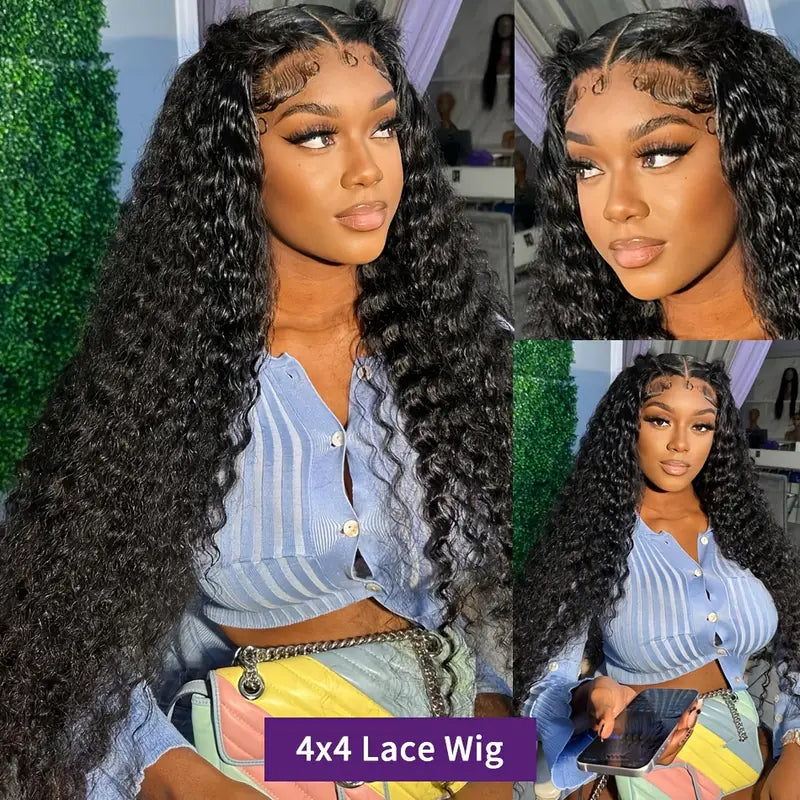 Ldjoy Deep Wave 4x4 Lace Closure Wig Natural Black Human Hair Wig