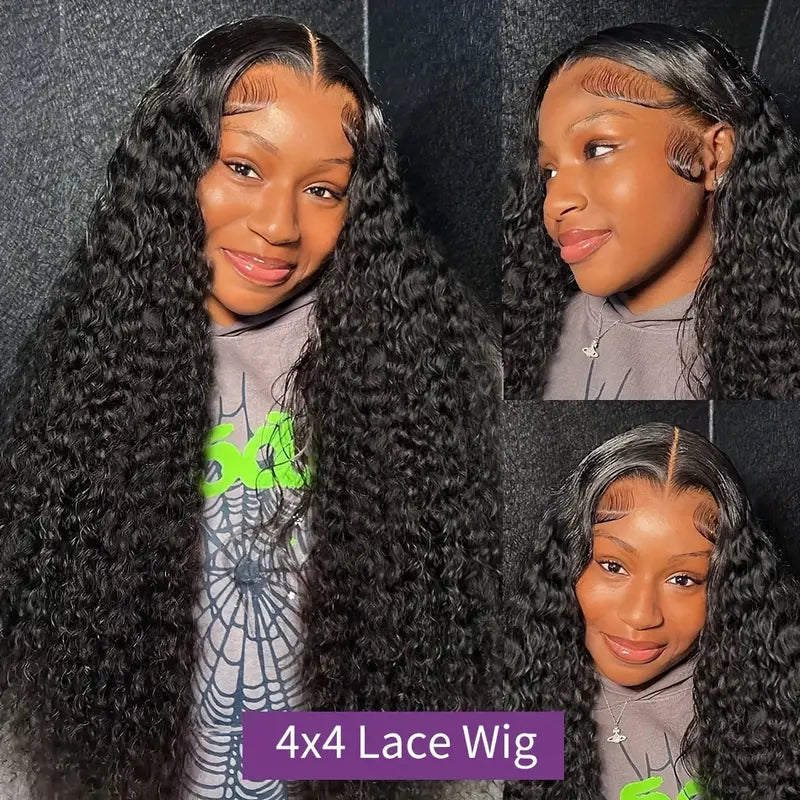 Ldjoy Deep Wave 4x4 Lace Closure Wig Natural Black Human Hair Wig