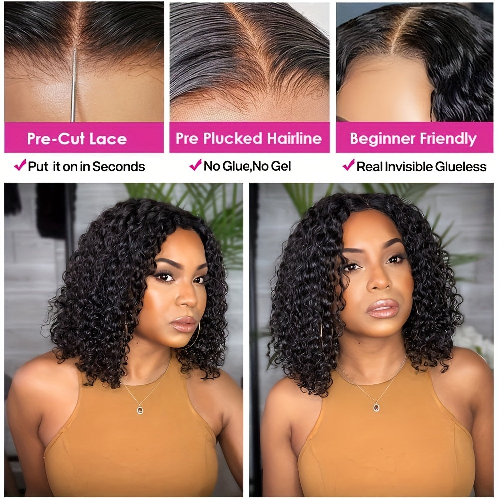 Ldjoy Wigs Glueless Bob Curly Wigs Human Hair Pre Plucked Pre Cut 4x4 HD Lace Closure Curly Wigs for Black Women Deep Wave Lace Closure Glueless Wigs Human Hair