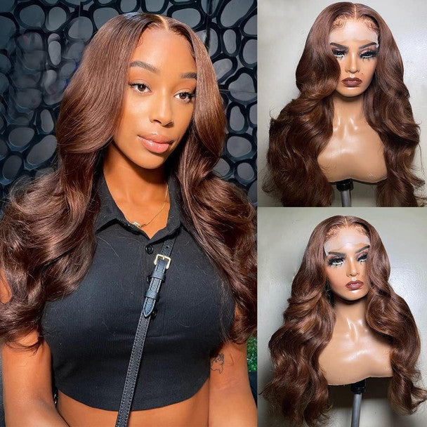 Ldjoy Chocolate Brown Body Wave Human Hair Wig 13x4 Lace Front Wig Pre-plucked For Women