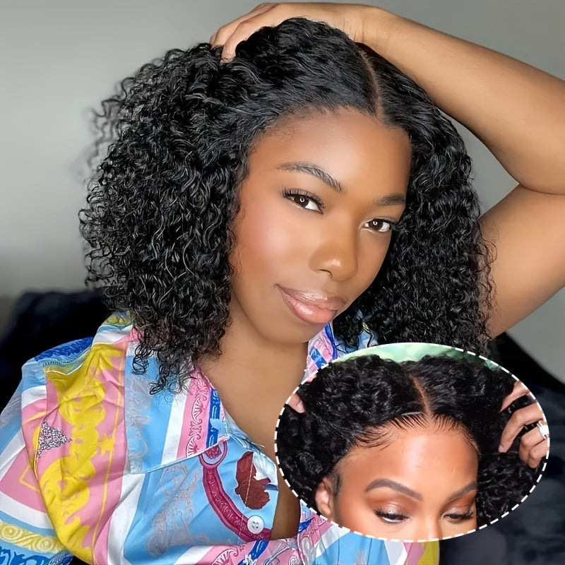 Ldjoy Wigs Glueless Bob Curly Wigs Human Hair Pre Plucked Pre Cut 4x4 HD Lace Closure Curly Wigs for Black Women Deep Wave Lace Closure Glueless Wigs Human Hair