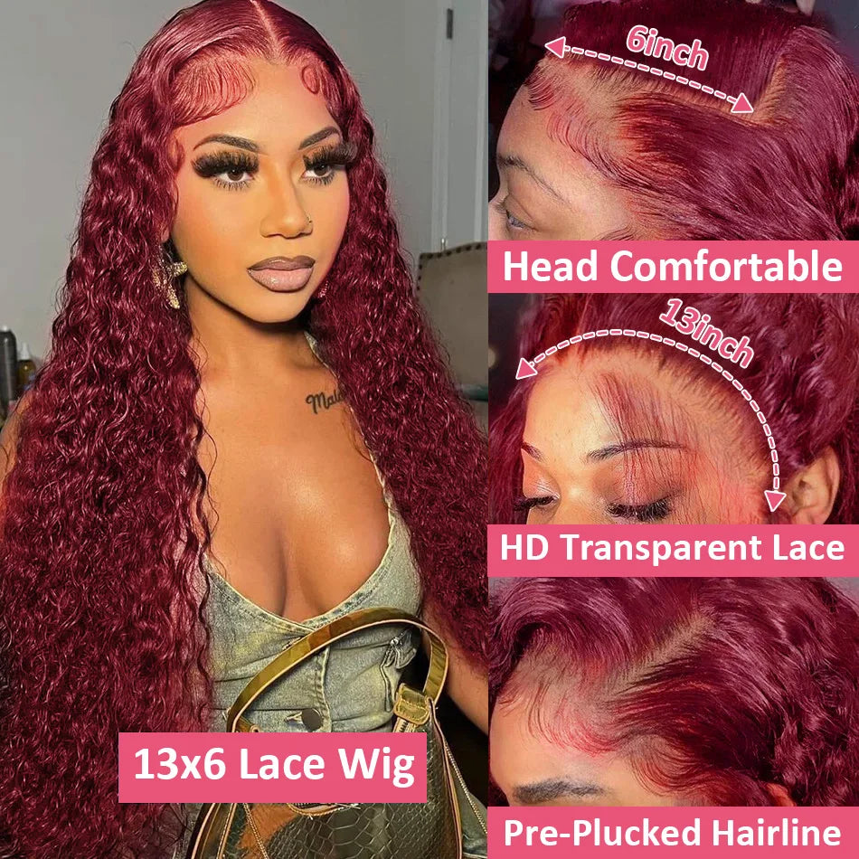 Ldjoy Hair Curly Burgundy 99J Color 13x6 Lace Front Human Hair Wig