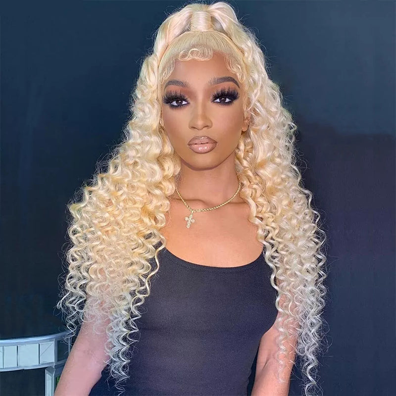 Ldjoy Wigs 613 Blonde 13x4 Transparent Lace Frontal Curly Wigs Human Hair Pre Plucked Bleached Knots With Baby Hair