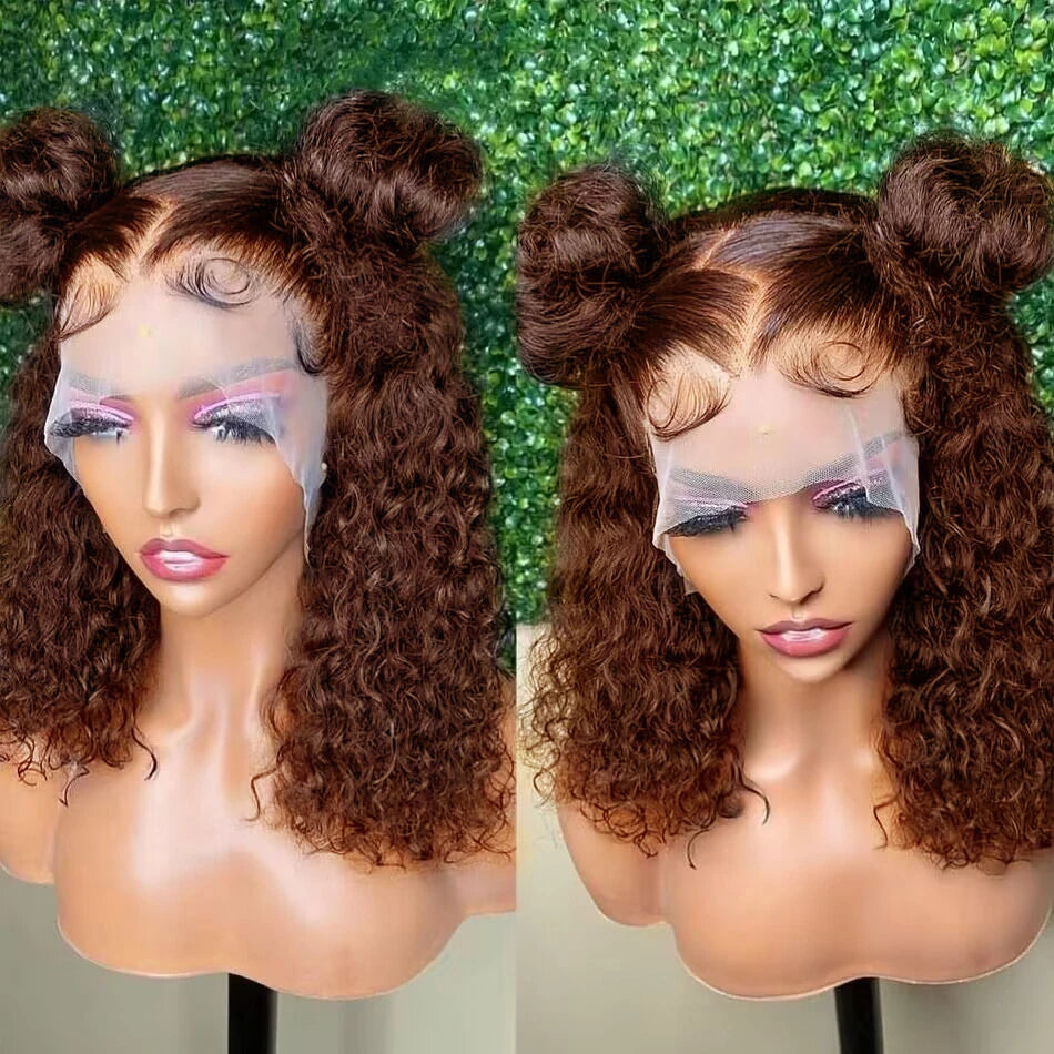 Ldjoy Brown Curly Bob Wig 4x4 Transparent Short Chocolate Brown Human Hair Lace Closure Wigs 12A Glueless Wigs Human Hair Pre Plucked Wigs for Women