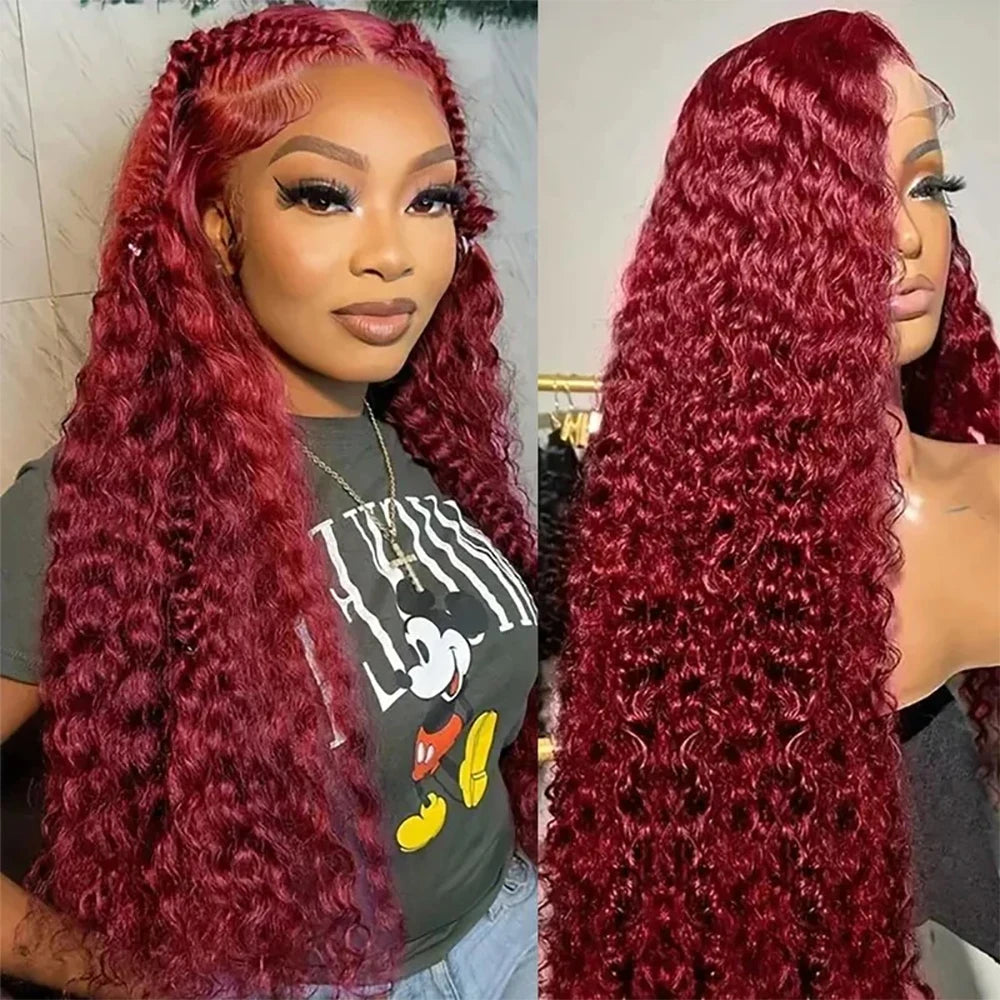 Ldjoy Curly Burgundy Human Hair Brazilian Red Color Deep Wave 13x4 Lace Front Human Hair Wigs For Women