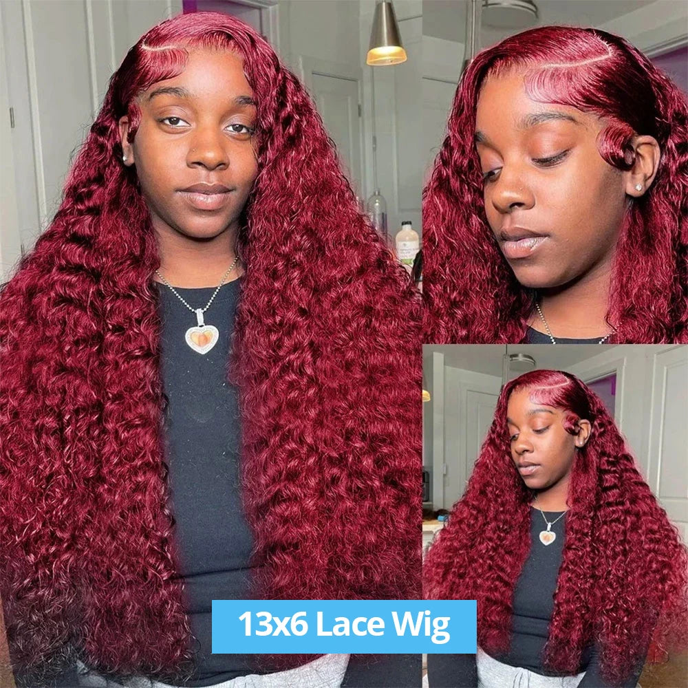 Ldjoy Curly Burgundy Human Hair Brazilian Red Color Deep Wave 13x4 Lace Front Human Hair Wigs For Women