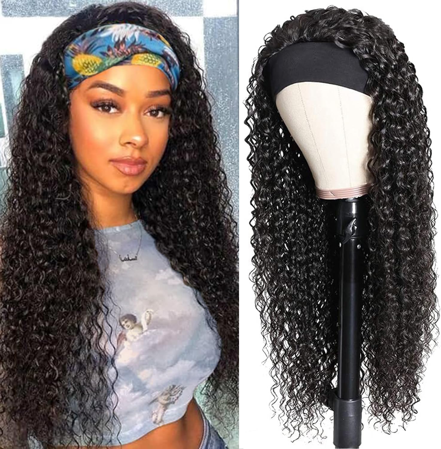 Ldjoy Deep Wave Headband Wig Natural Black Human Hair Wig For Women