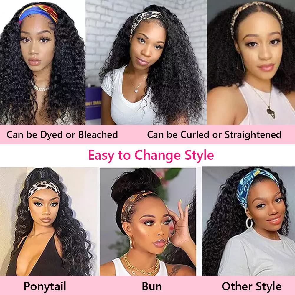 Ldjoy Deep Wave Headband Wig Natural Black Human Hair Wig For Women