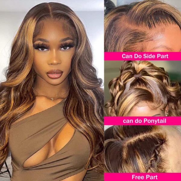 Ldjoy Body Wave P4/27 Color 13x6 Transparent Lace Front Highlight Ombre Brown Honey Blonde Wigs