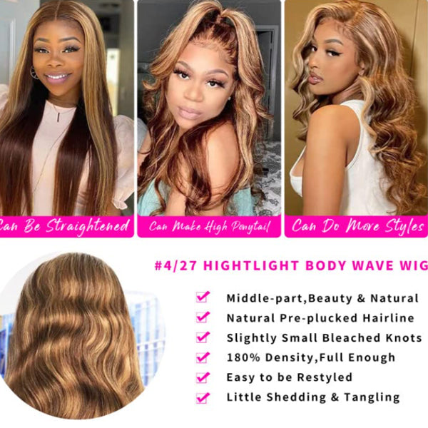 Ldjoy Body Wave P4/27 Color 13x6 Transparent Lace Front Highlight Ombre Brown Honey Blonde Wigs
