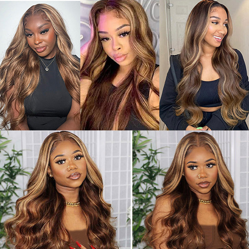 Ldjoy Body Wave P4/27 Color 13x6 Transparent Lace Front Highlight Ombre Brown Honey Blonde Wigs