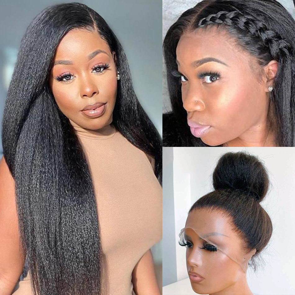 Ldjoy Kinky Straight 13x4 HD Lace Front Wig Natural Black Human Hair Wig