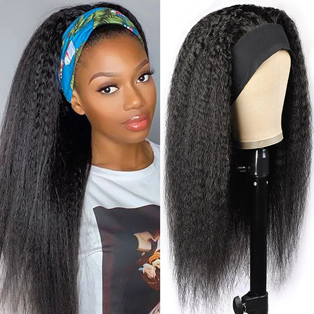 Ldjoy Kinky Straight Headband Wig Natural Black Human Virgin Hair For Women 180% Density