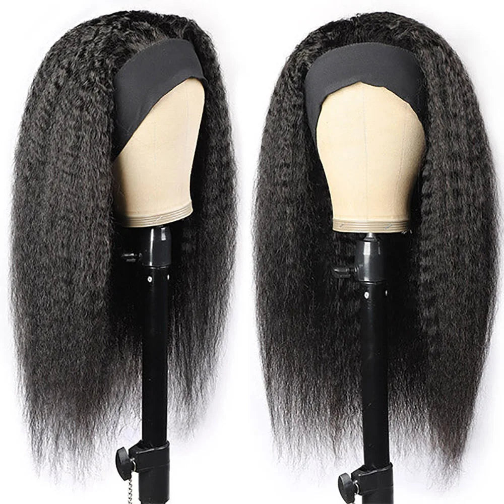 Ldjoy Kinky Straight Headband Wig Natural Black Human Virgin Hair For Women 180% Density
