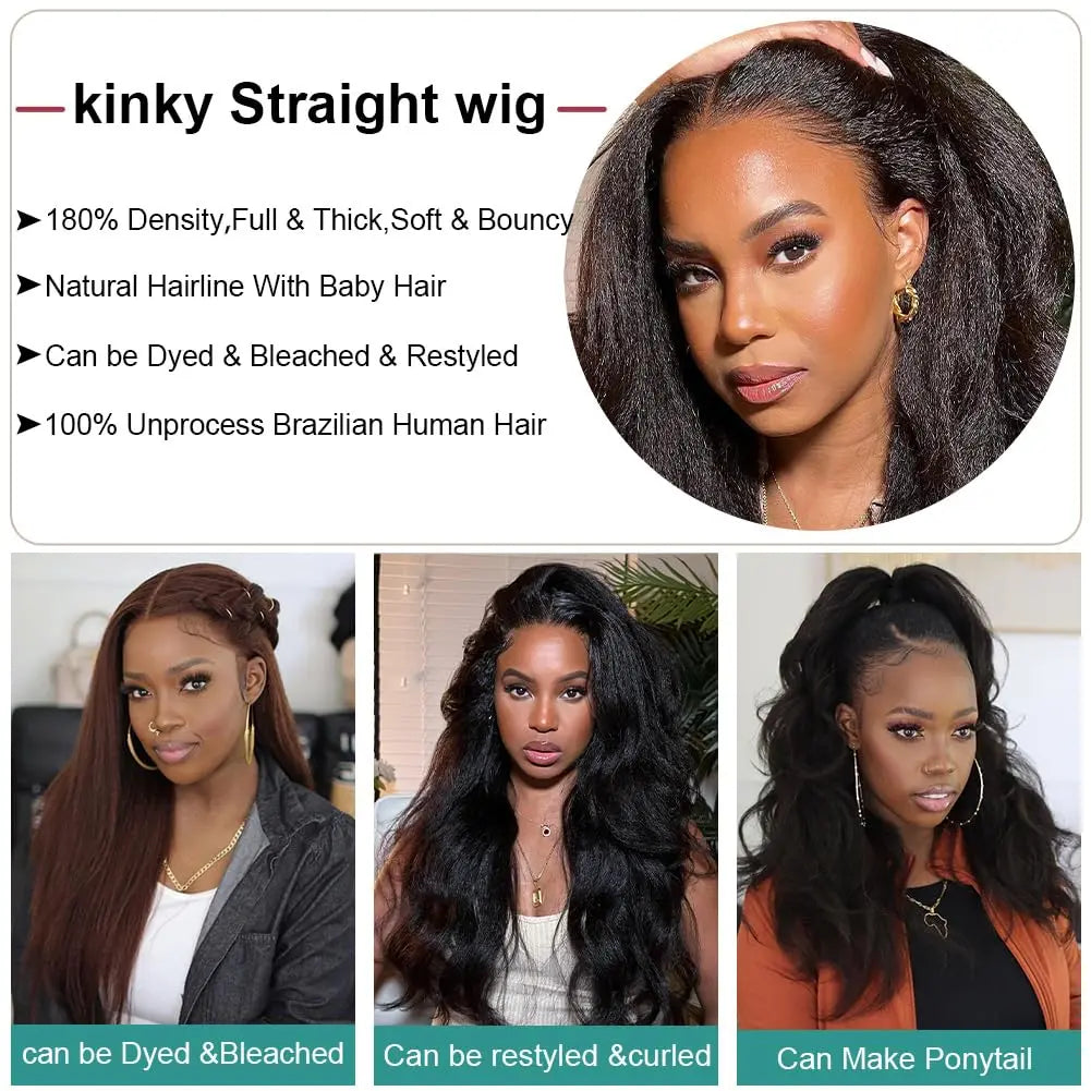 Ldjoy Kinky Straight T Part Wig Natural Black Human Virgin Hair For Women 180% Density