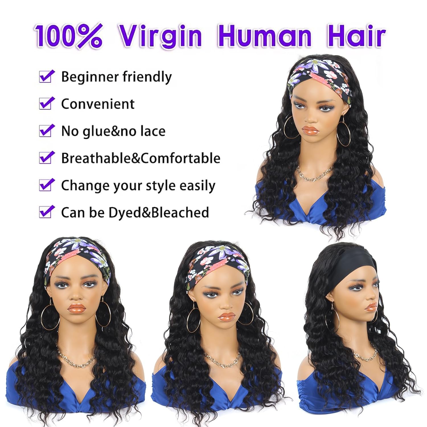 Ldjoy Loose Deep Wave Headband Wig Natural Black Human Virgin Hair For Women 180% Density
