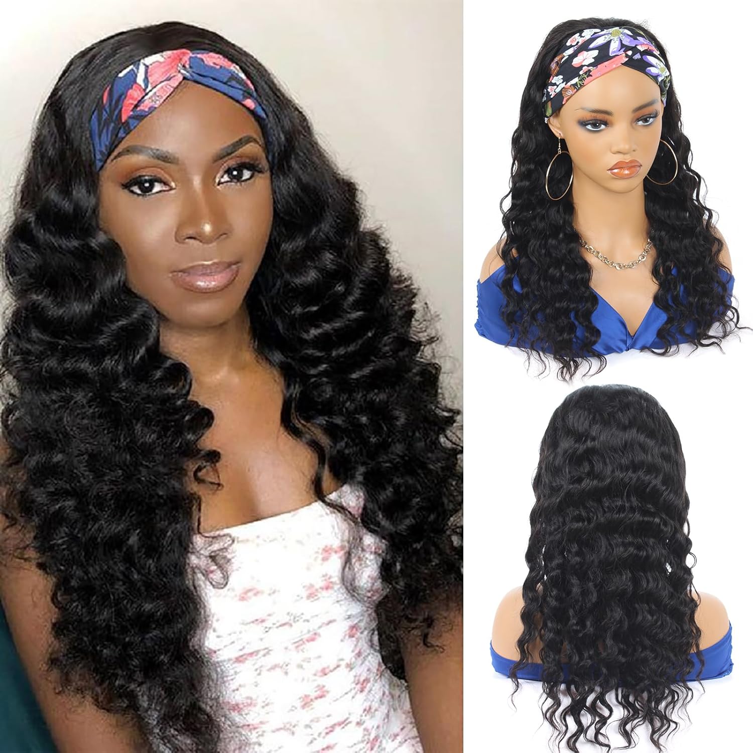 Ldjoy Loose Deep Wave Headband Wig Natural Black Human Virgin Hair For Women 180% Density