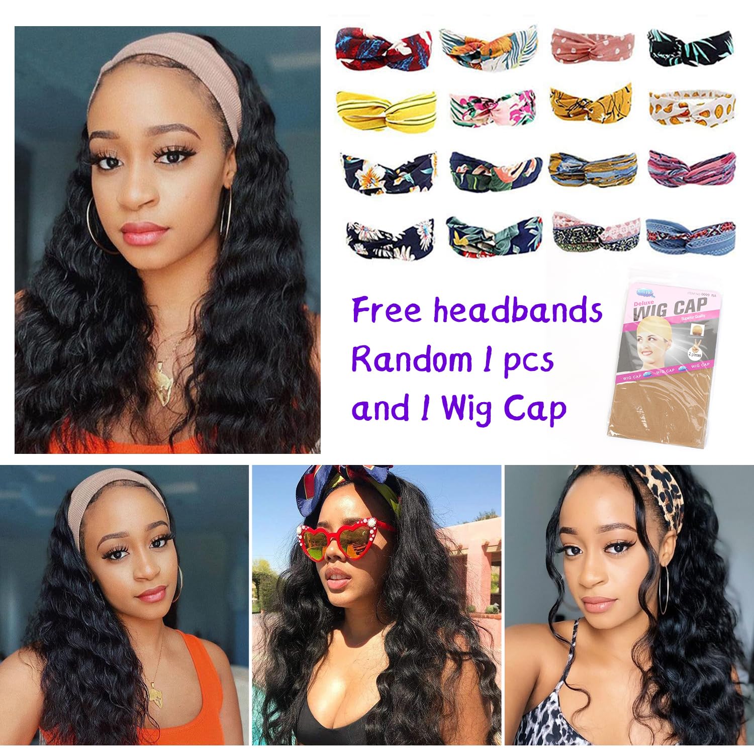 Ldjoy Loose Deep Wave Headband Wig Natural Black Human Virgin Hair For Women 180% Density