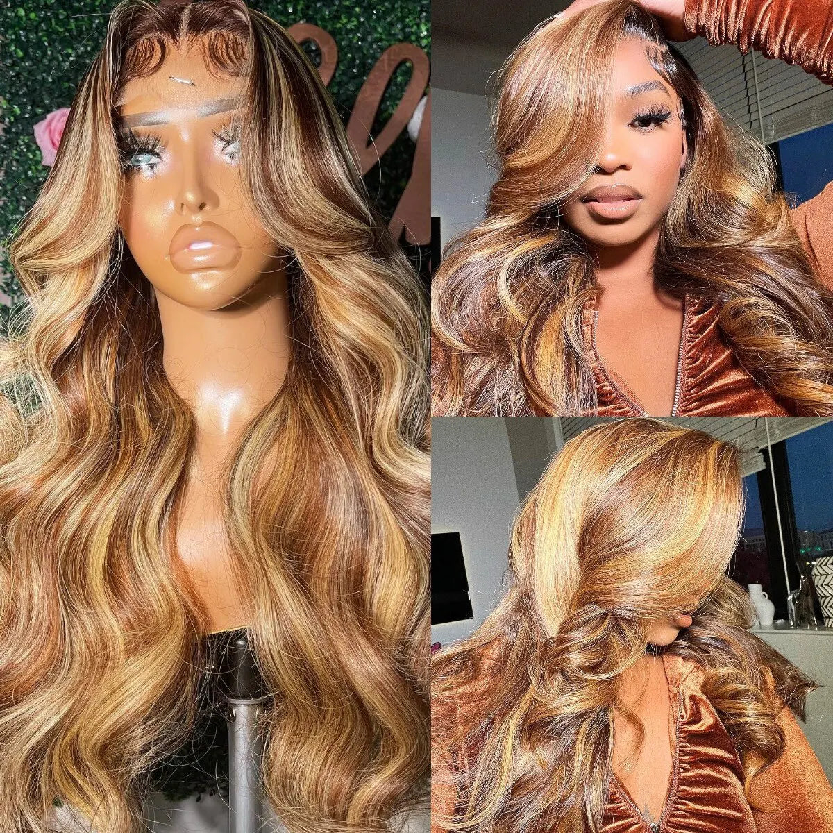 Ldjoy Wigs Highlight Body Wave Wig P4/27 Color 4x4 Transparent Lace Closure Wigs Human Hair for Black Women