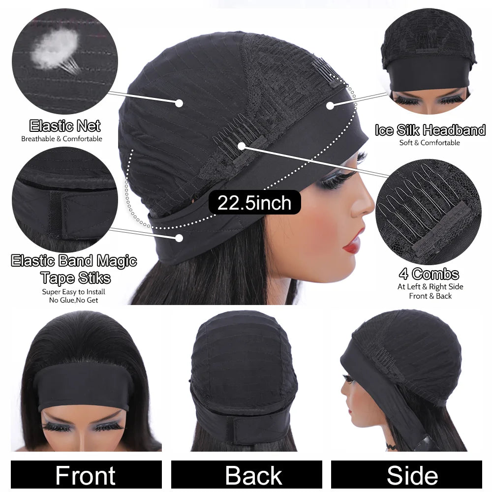 Ldjoy Straight Headband Wig Natural Black Human Hair Wig 180% Density