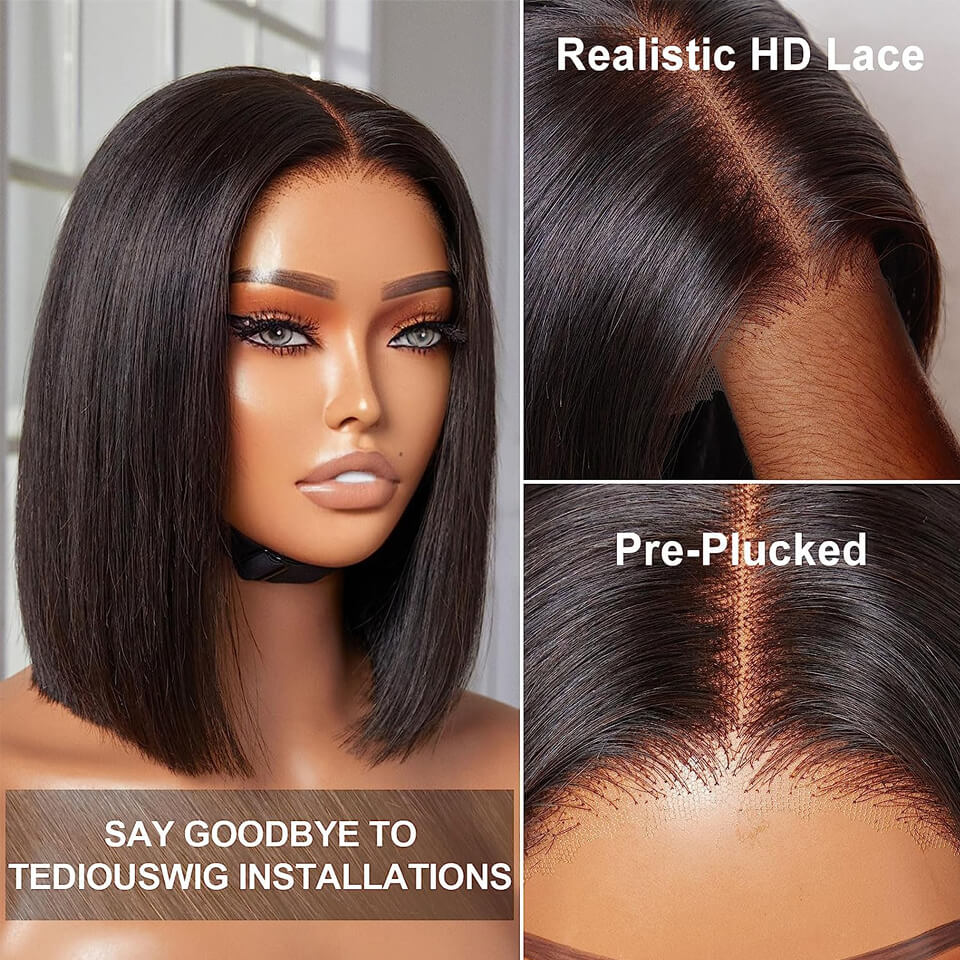 Ldjoy Short Bob Straight 4x4 Pre-Cut Lace Wig Lace Closure Glueless Human Hair Wig 180% Density