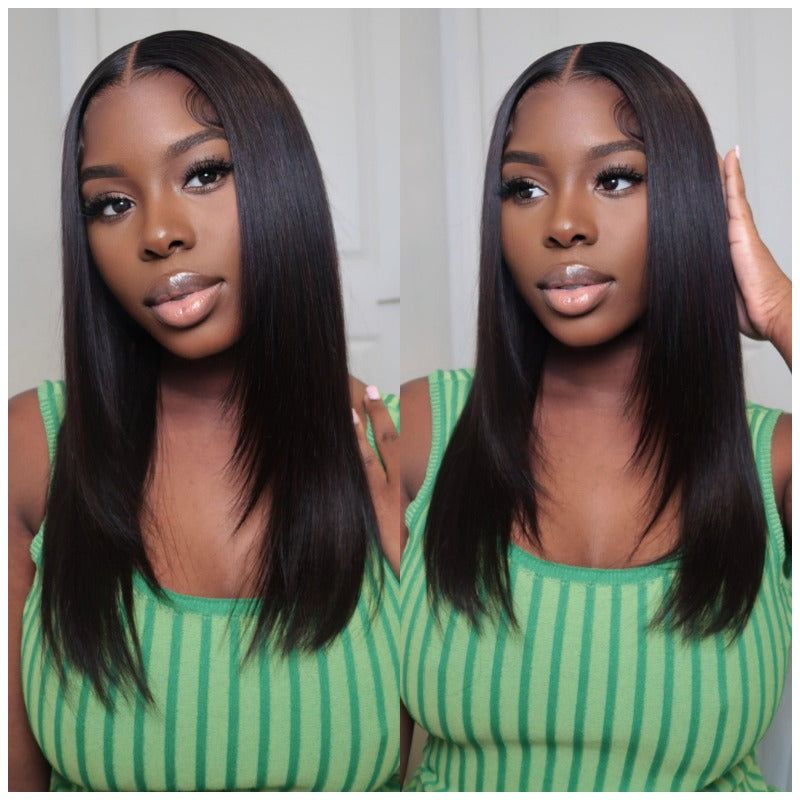 Layered Cut Straight Pre-Cut Lace Glueless Wig Human Hair Wig For Women 180% Density