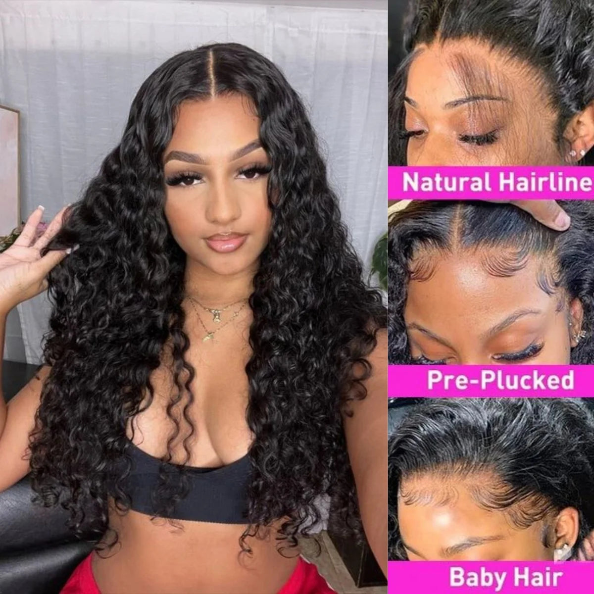 Ldjoy Curly T Part Wig Black Free Middle Part Pre-plucked Transparent Lace Closure Wigs for Women 180% Density