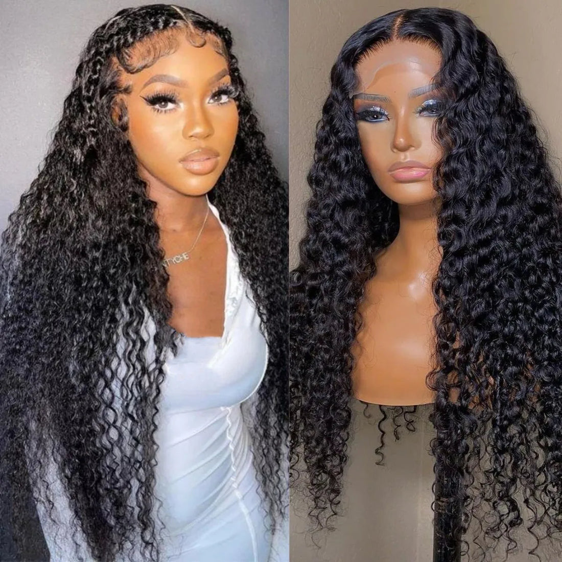 Ldjoy Curly T Part Wig Black Free Middle Part Pre-plucked Transparent Lace Closure Wigs for Women 180% Density