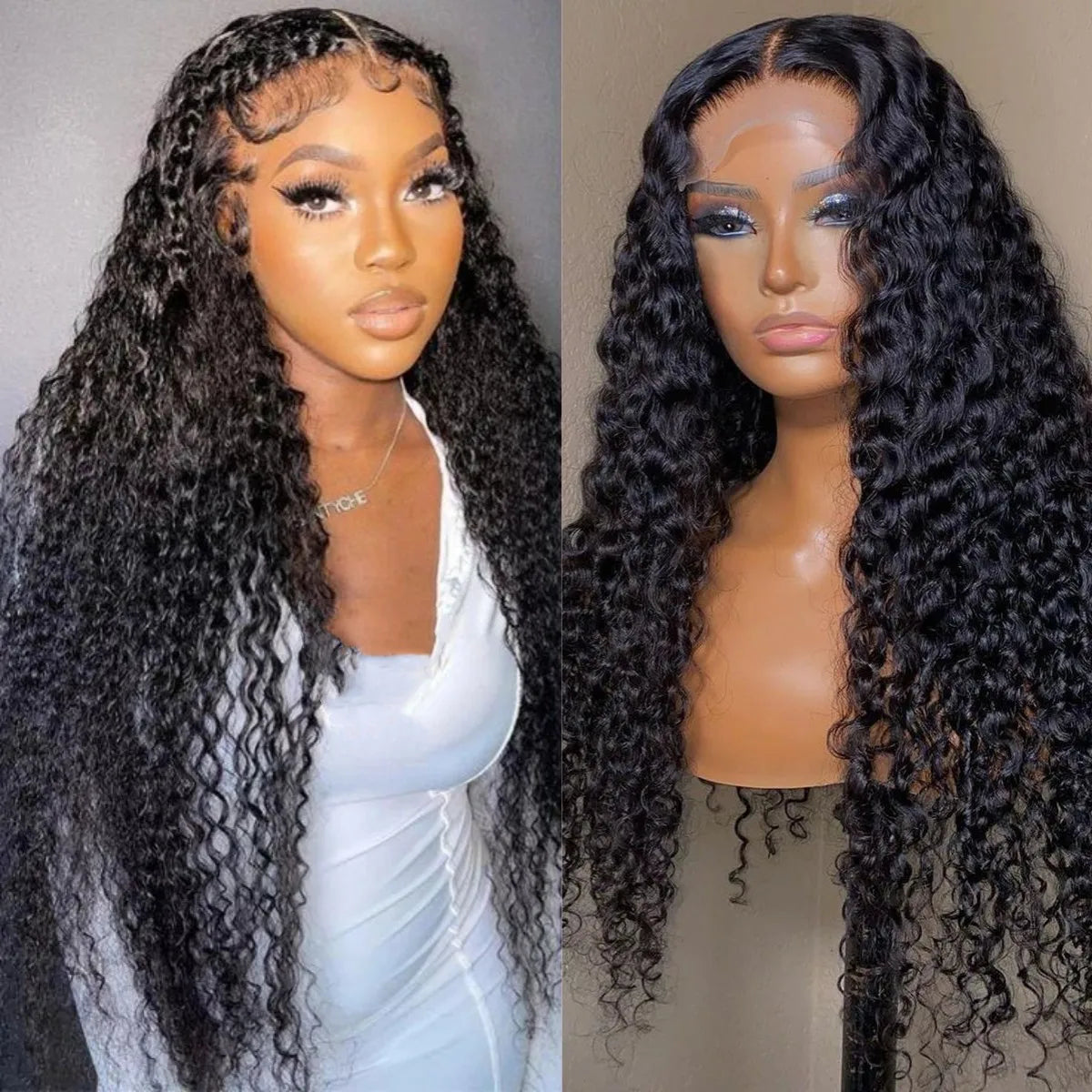 Ldjoy Curly T Part Wig Black Free Middle Part Pre-plucked Transparent Lace Closure Wigs for Women 180% Density