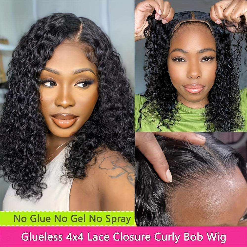 Ldjoy Wigs Glueless Bob Curly Wigs Human Hair Pre Plucked Pre Cut 4x4 HD Lace Closure Curly Wigs for Black Women Deep Wave Lace Closure Glueless Wigs Human Hair