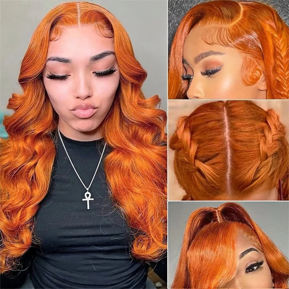 Ldjoy Wigs 13X4 Orange Ginger Lace Front Wigs Pre Plucked Body Wave Wig Brazilian Colored Virgin Wigs for Black Women Invisible Transparent Lace Frontal Wigs Human Hair 180% Density