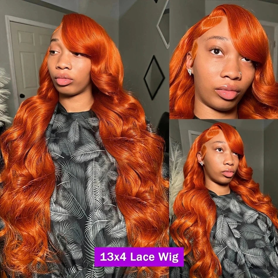 Ldjoy Wigs 13X4 Orange Ginger Lace Front Wigs Pre Plucked Body Wave Wig Brazilian Colored Virgin Wigs for Black Women Invisible Transparent Lace Frontal Wigs Human Hair 180% Density