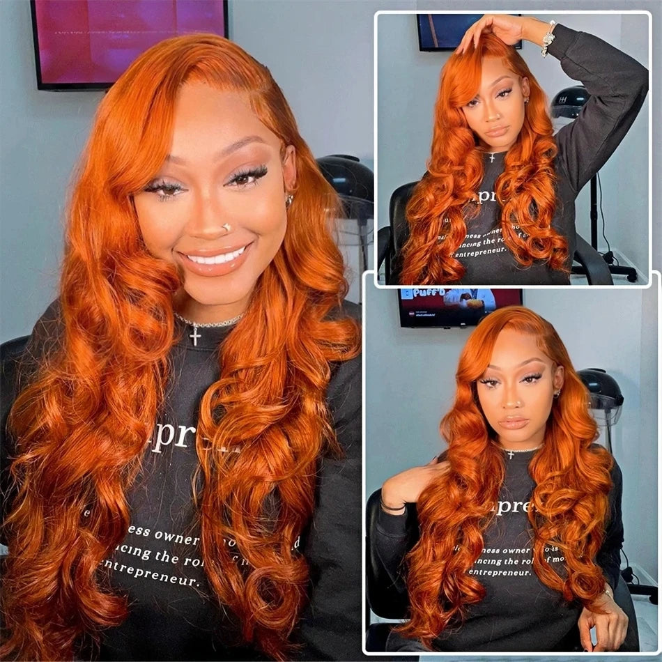 Ldjoy Wigs 13X4 Orange Ginger Lace Front Wigs Pre Plucked Body Wave Wig Brazilian Colored Virgin Wigs for Black Women Invisible Transparent Lace Frontal Wigs Human Hair 180% Density