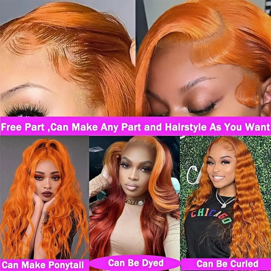 Ldjoy Wigs 13X4 Orange Ginger Lace Front Wigs Pre Plucked Body Wave Wig Brazilian Colored Virgin Wigs for Black Women Invisible Transparent Lace Frontal Wigs Human Hair 180% Density