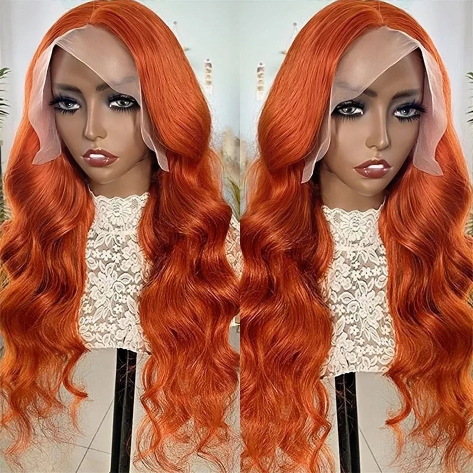 Ldjoy Wigs 13X4 Orange Ginger Lace Front Wigs Pre Plucked Body Wave Wig Brazilian Colored Virgin Wigs for Black Women Invisible Transparent Lace Frontal Wigs Human Hair 180% Density