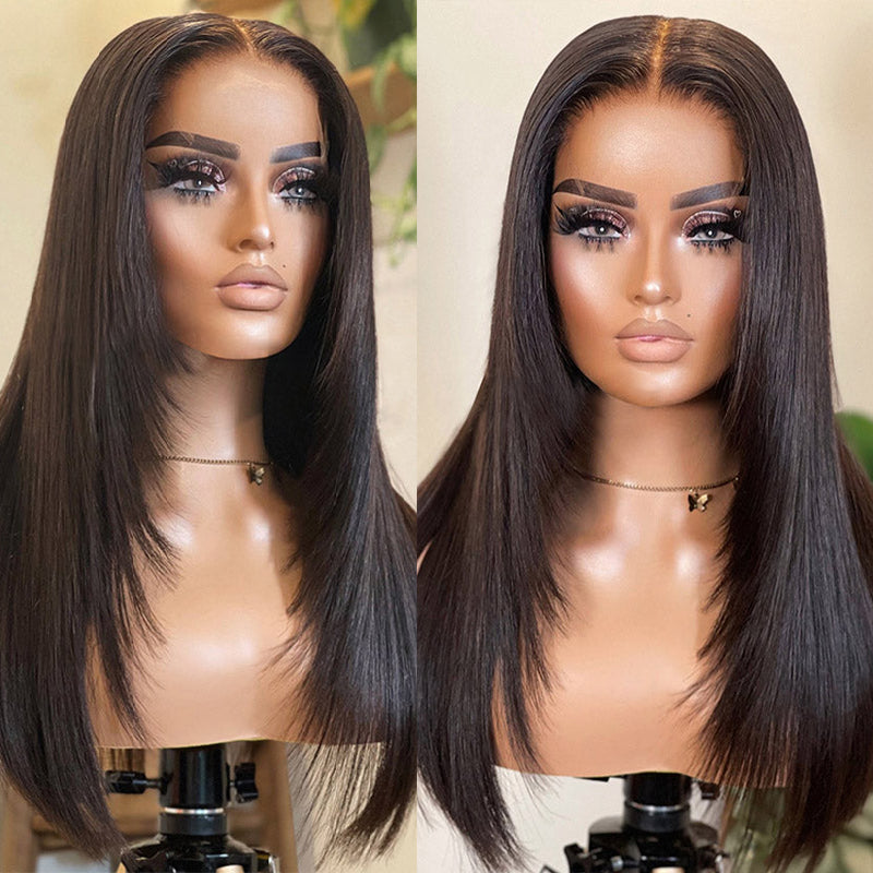 Layered Cut Straight Pre-Cut Lace Glueless Wig Human Hair Wig For Women 180% Density