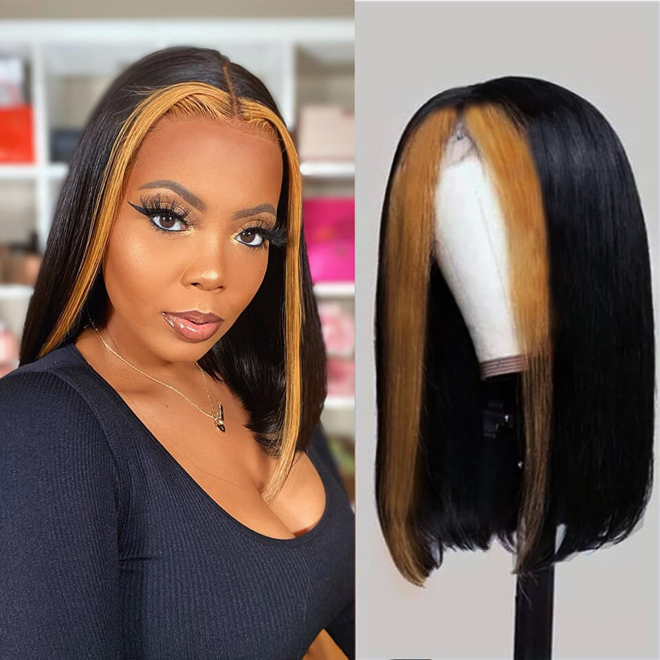 Ldjoy Wigs Faceframing Highlight Bob Wig 13x4 Transparent Lace Bob Wig Lace Front Human Hair Highlight Black Middle Part Bob Wigs Ombre Honey Blonde Straight Lace Front Bob Wigs for Women