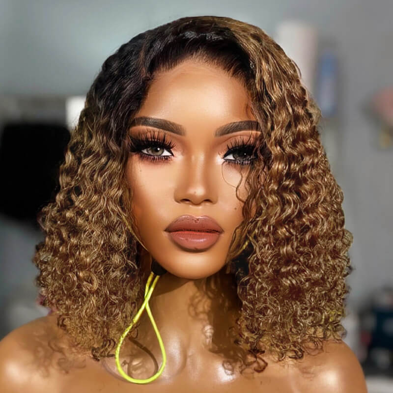 Ldjoy Ombre Lace Closure Wig Human Hair Short Curly Bob Brown Ombre Glueless Wigs Human Hair Pre Plucked With Baby Hair for Black Women 4x4 Lace Closure Brazilian Virgin Hair Dark Roots Wig