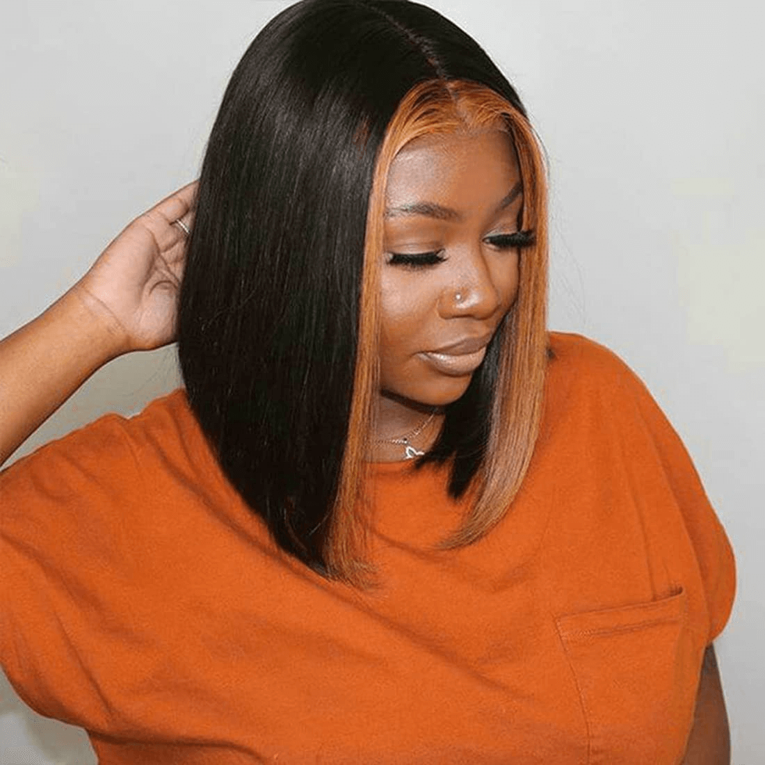 Ldjoy Wigs Faceframing Highlight Bob Wig 13x4 Transparent Lace Bob Wig Lace Front Human Hair Highlight Black Middle Part Bob Wigs Ombre Honey Blonde Straight Lace Front Bob Wigs for Women