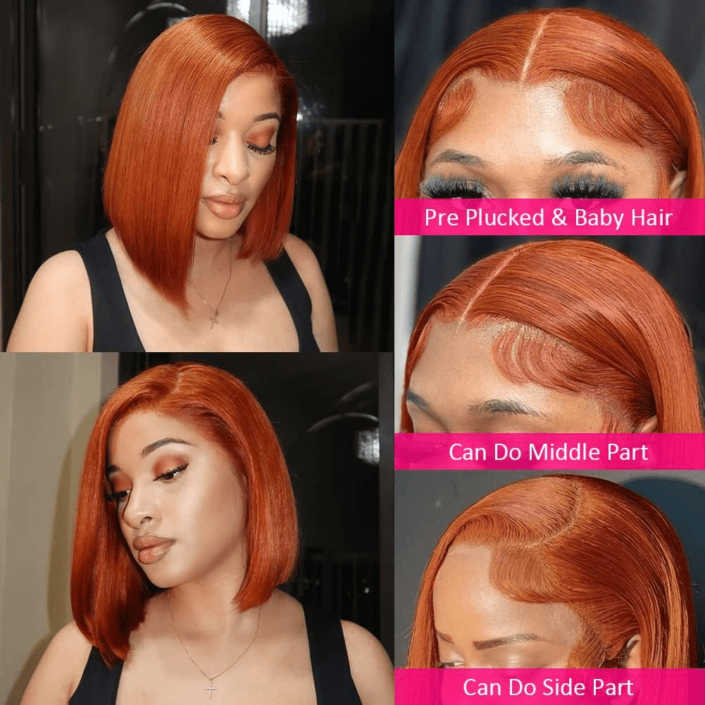 Ldjoy Ginger Orange Bob Wig Human Hair 13X4 Glueless Wigs Human Hair Pre Plucked Natural Hairline 180% Density Straight Bob Ginger Lace Front Wigs Human Hair for Women Short Bob Wig