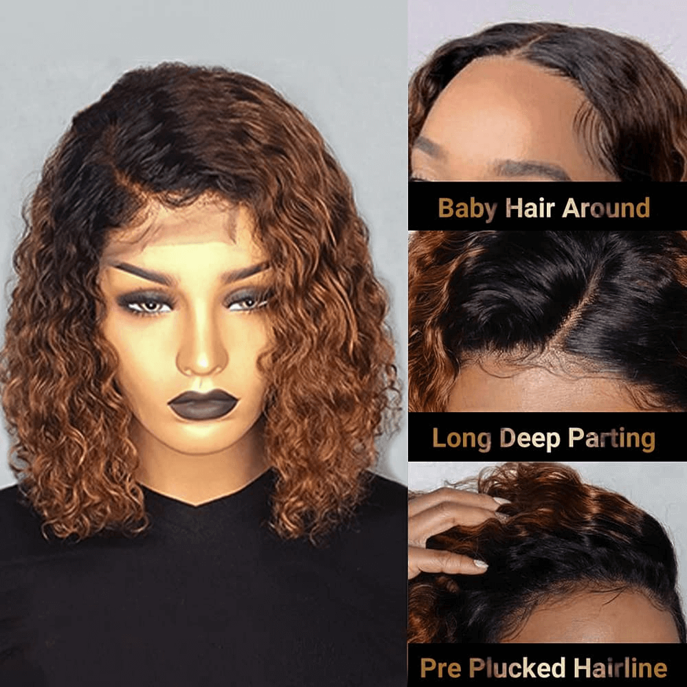 Ldjoy Ombre Lace Closure Wig Human Hair Short Curly Bob Brown Ombre Glueless Wigs Human Hair Pre Plucked With Baby Hair for Black Women 4x4 Lace Closure Brazilian Virgin Hair Dark Roots Wig