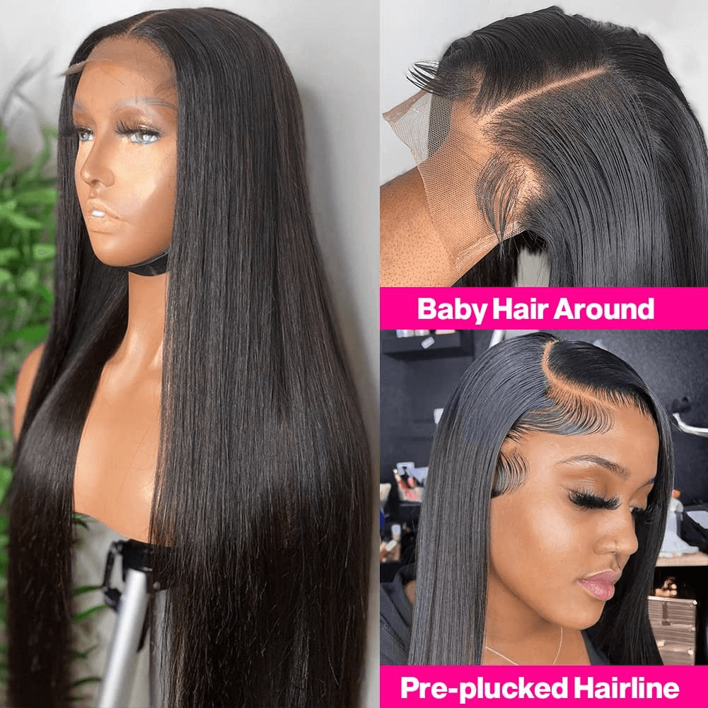 Ldjoy Wigs 4x4 Straight Lace Closure Wigs Pre Plucked Bleached Knots with Baby Hair 180 Density for Black Women Natural Black Color