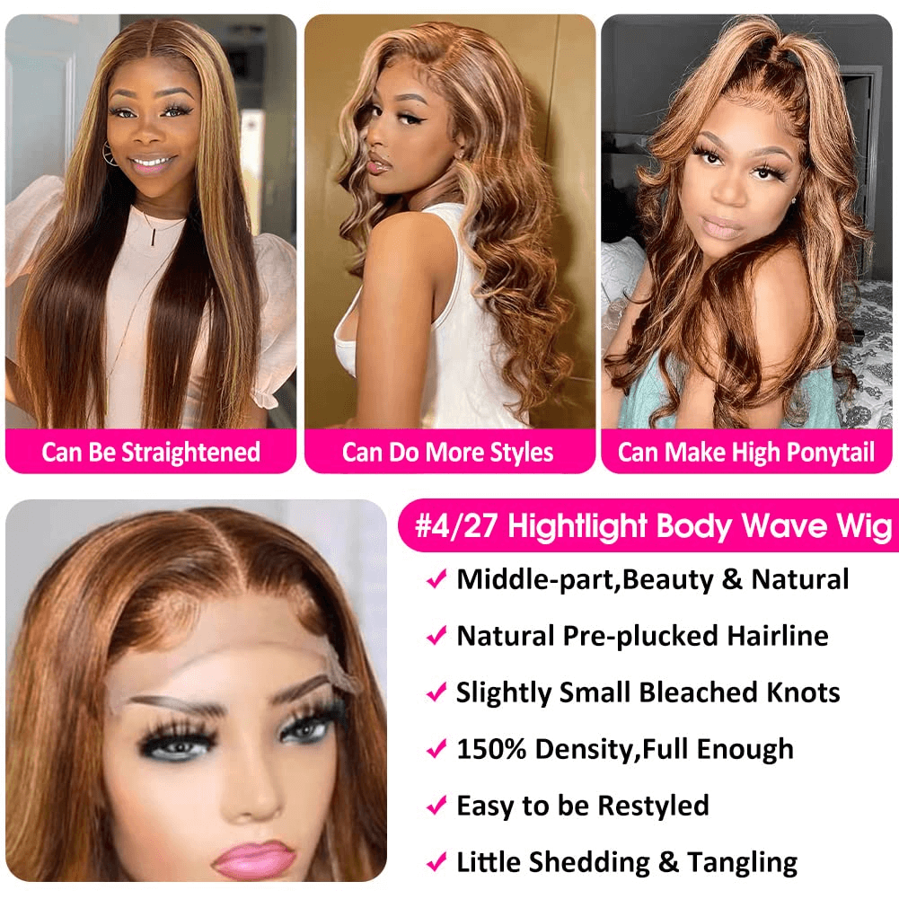 Ldjoy Wigs Highlight Body Wave Wig P4/27 Color 4x4 Transparent Lace Closure Wigs Human Hair for Black Women