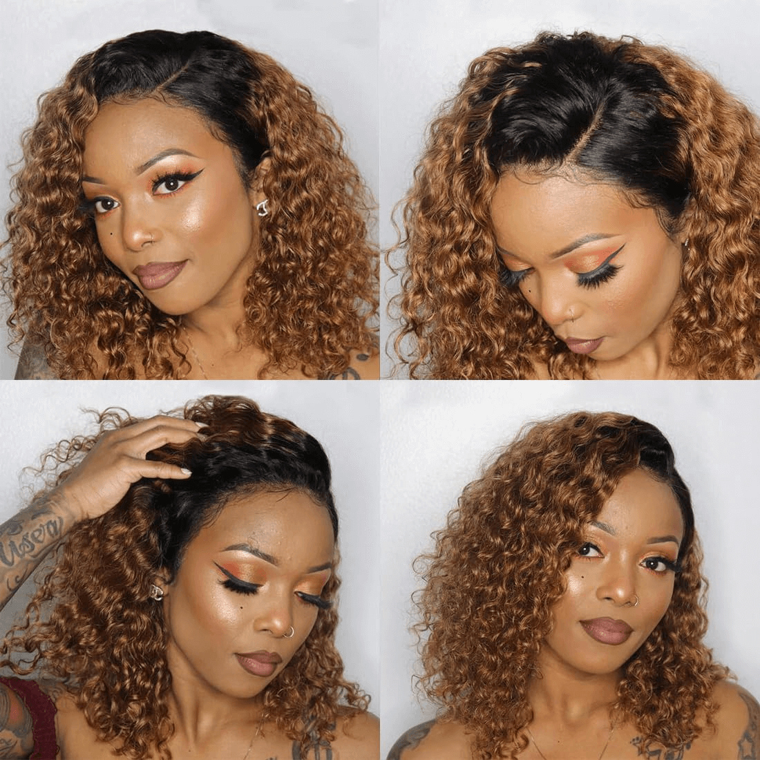 Ldjoy Ombre Lace Closure Wig Human Hair Short Curly Bob Brown Ombre Glueless Wigs Human Hair Pre Plucked With Baby Hair for Black Women 4x4 Lace Closure Brazilian Virgin Hair Dark Roots Wig