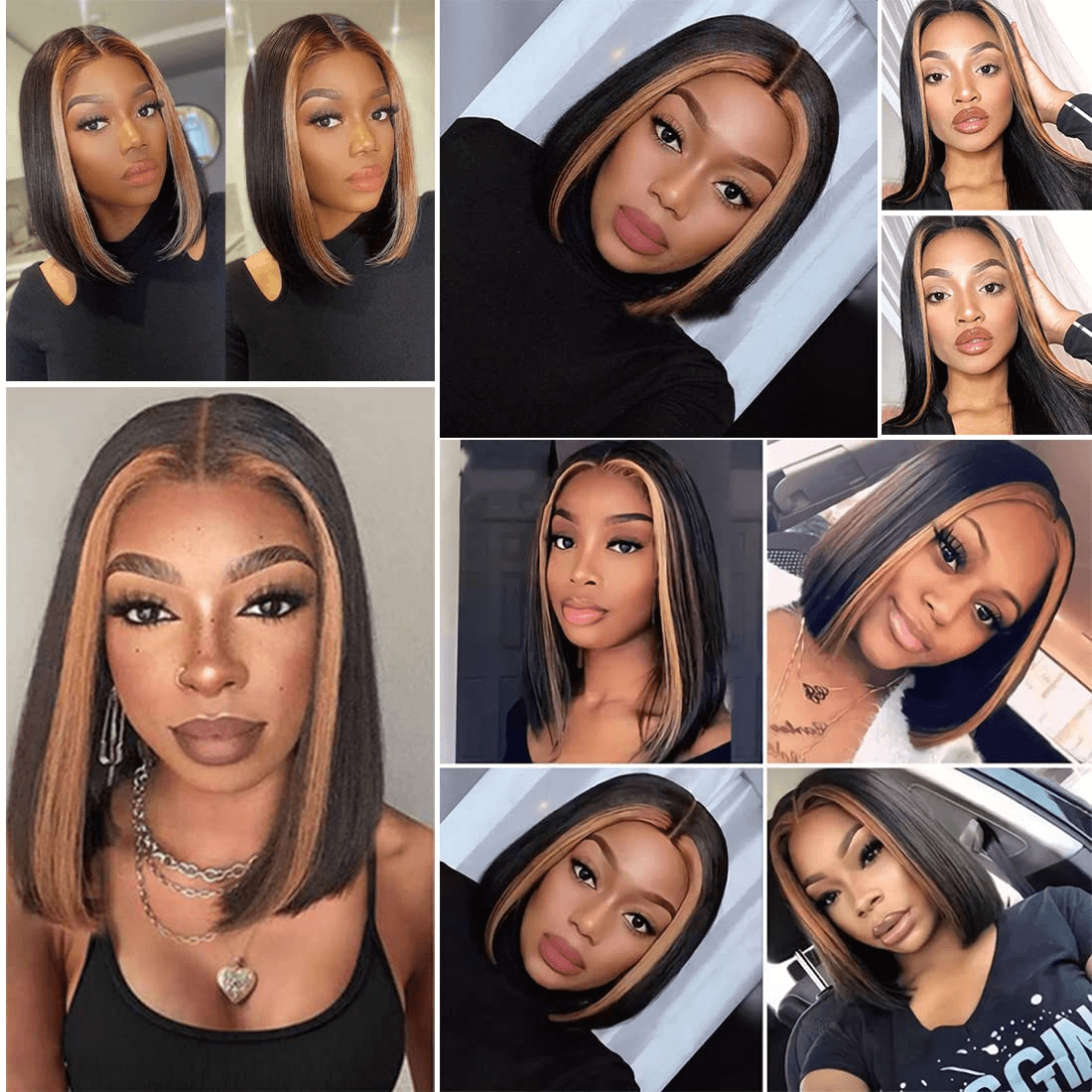 Ldjoy Wigs Faceframing Highlight Bob Wig 13x4 Transparent Lace Bob Wig Lace Front Human Hair Highlight Black Middle Part Bob Wigs Ombre Honey Blonde Straight Lace Front Bob Wigs for Women