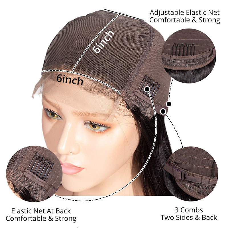 6x6 Lace Closure Straight 180% Density Human Hair Natural Black Wigs